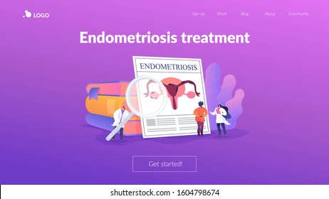 Gynecology, obstetrics clinic. Gynecologist and female patient, diagnosis. Endometriosis, endometrium dysfunctionality, endometriosis treatment concept. Website homepage header landing web page