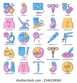 Gynecology and obstetrics icon set in colored line style. Female reproductive health. Vector illustration.