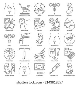 Gynäkologie und Geburtshilfe Icon Set in Linie Stil. Reproduktive Gesundheit von Frauen. Vektorgrafik.
