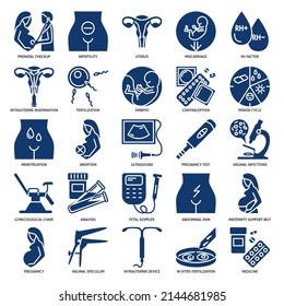 Symbol-Set für Gynäkologie und Geburtshilfe. Reproduktive Gesundheit von Frauen. Vektorgrafik.