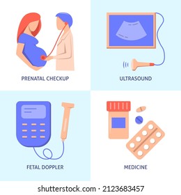 Gynecology and obstetrics icons set in flat style. Medical check-up for pregnant women. Vector illustration.