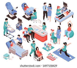 Gynecology And Obstetrics Isometric Set Of  Pregnant Female Persons And Medical Staff Supporting Women Health Isolated Vector Illustration