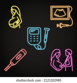 Gynecology and obstetrics neon icons set. Medical check-up for pregnant women. Vector illustration.
