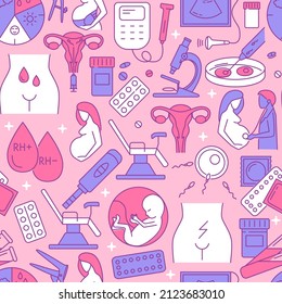 Gynecology and obstetrics seamless pattern in colored line style. Vector illustration.