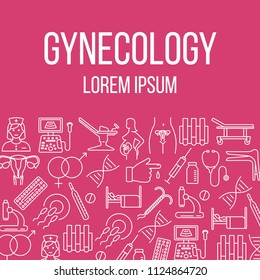 Gynecology poster with flat line icons of pregnancy obstetrics gynecology diagnostic equipment symbols. vector illustration for clinic media print. Round design template