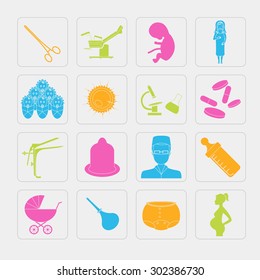 Gynecology and pregnancy icon set. Motherhood elements. Constructor for creating your own design, infographics. Vector illustration