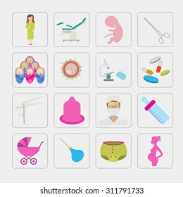 Gynecology and pregnancy icon set. Motherhood elements. Constructor for creating your own design, infographics. Vector illustration