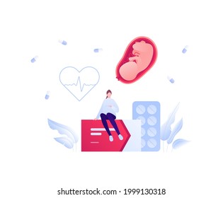 Gynecology, pregnancy and prenatal treatment concept. Vector flat people illustration. Pregnant woman sitting on capsule of prescription medicine. Baby in womb and heartbeat symbol