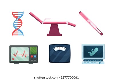 Ginecología y Embarazo. Embarazo, obstetricia, embrión nacido, bebé, biología, silla reclinable de ultrasonido, test de embarazo, Máquina ultrasonida escucha al corazón, máquina de peso, ecografía de bebé.