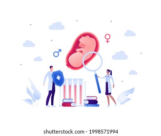 Gynecology research and pregnancy baby care concept. Vector flat people illustration. Male and female doctor team with shield and magnifier glass. Embryo in womb. Blood test and book symbol.