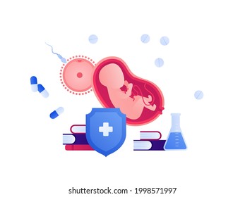 Gynecology research, pregnancy baby care and in vitro fertilization concept. Vector flat healthcare illustration. Embryo in womb. Human egg and sperm sign. Design for healthcare, education.