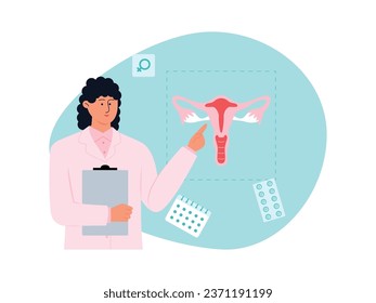 Gynecology specialist explains about female reproductive organs, how to care for health, medicine vector illustration.