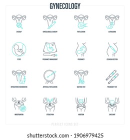 Gynecology thin line icons set. Ultrasound, check up, artificial fertilization, pregnancy, gynecological surgery, cesarian section, intrauterine insemination, pregnancy test. Vector illustration