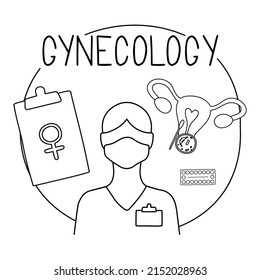 Gynecology thin line icons set. Gynecologist, check up, bacteria test, birth control pills.