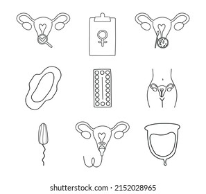 Gynecology thin line icons set. Ultrasound, check up, gynecological surgery, birth control pills, menstruation, intrauterine device.