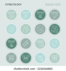 Gynecology thin line icons set. Ultrasound, check up, artificial fertilization, pregnancy, fetus, gynecological surgery, menstruation. Highlights for stories. Vector illustration.