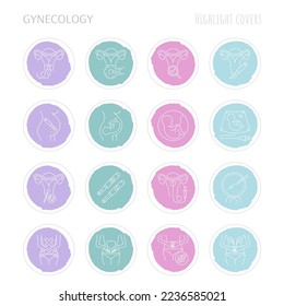 Gynecology thin line icons set. Ultrasound, check up, artificial fertilization, pregnancy, fetus, gynecological surgery, menstruation. Highlights for stories. Vector illustration.