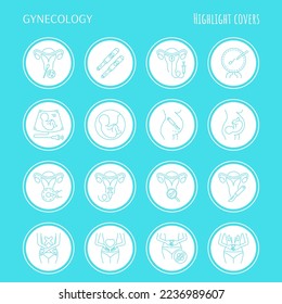 Gynecology thin line icons set. Ultrasound, check up, artificial fertilization, pregnancy, fetus, gynecological surgery, menstruation. Highlights for stories. Vector illustration.