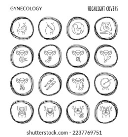 Gynecology thin line icons set. Ultrasound, check up, artificial fertilization, pregnancy, fetus, gynecological surgery, menstruation. Highlights for stories. Vector illustration.