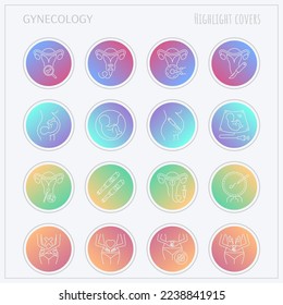 Gynecology thin line icons set. Ultrasound, check up, artificial fertilization, pregnancy, fetus, gynecological surgery, menstruation. Highlights for stories. Vector illustration.