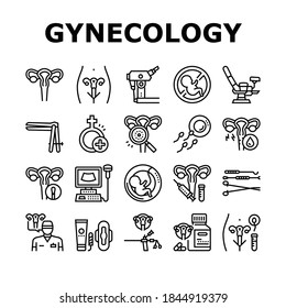 Gynecology Treatment Collection Icons Set Vector. Gynecology Chair And Ultrasound Machine, Tools And Laboratory Microscope, Pad And Tampon Black Contour Illustrations