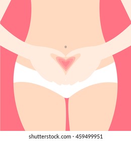 Gynecology Vector illustration Woman holds her clasped hands in the shape of heart before stomach