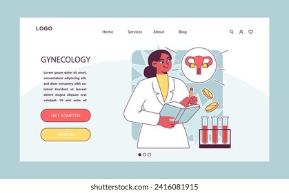 Gynecology web or landing, Women's health. Gynecologist study uterus. Human anatomy, ovary and womb. Pregnancy monitoring and disease treatment. Reproductive wellness. Flat vector illustration.