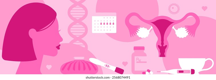 Gynecology. Women's health banner - menstrual cycle, reproductive system, hormones, ovaries, gynecology, medicine, pregnancy test, pills, DNA. Abstract stylized vector illustration. Pink background