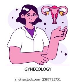 Gynecology, Women's health. Gynecologist study uterus. Human anatomy, ovary and womb. Pregnancy monitoring and disease treatment. Reproductive wellness. Flat vector illustration.