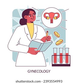 Gynecology, Women's health. Gynecologist study uterus. Human anatomy, ovary and womb. Pregnancy monitoring and disease treatment. Reproductive wellness. Flat vector illustration.