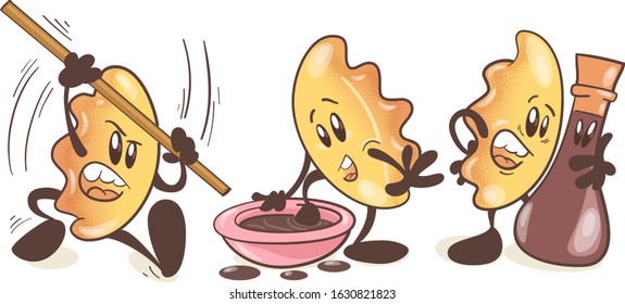 Gyoza - asian fried dumplings. A set of fun cartoon characters. Vector illustration isolated on white background