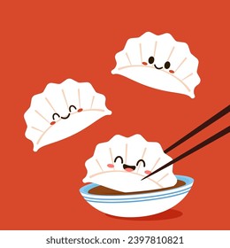 Gyoza cartoon vector. Hot dumplings and chopsticks on white background. Steamed dim sum or bun illustration for restaurant logo. Asian food icon for Japanese.