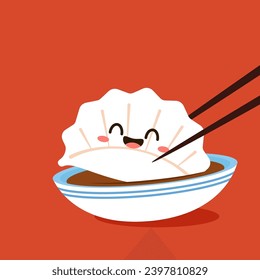 Gyoza cartoon vector. Hot dumplings and chopsticks on white background. Steamed dim sum or bun illustration for restaurant logo. Asian food icon for Japanese.