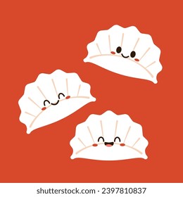 Gyoza cartoon vector. Hot dumplings and chopsticks on white background. Steamed dim sum or bun illustration for restaurant logo. Asian food icon for Japanese.