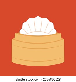 Gyoza in Chinese bamboo steamer basket vector isolated on red background. Gyoza vector. Gyoza is Chinese food.