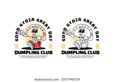 gyoza chinese dumpling dim sum retro cartoon character mascot illustration with walking and self confident pose for food, snack, restaurant, cafe mascots and merchandise