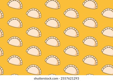 gyoza chinese dumpling illustration seamless pattern on yellow background for restaurant and cafe decor and merchandise. seamless pattern of gyoza chinese dim sum vector background 