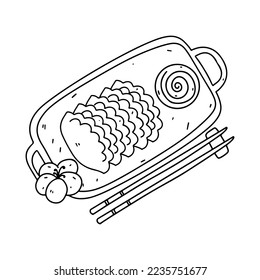 Gyoza and Chopsticks vector in hand drawn doodle style. Top view. Chinese food vector illustration.