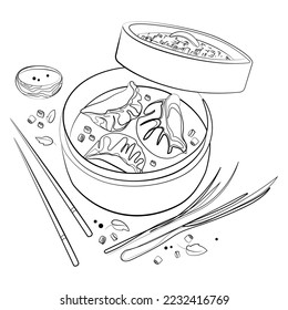 Gyoza Dim Sum dumplings in bamboo Steamer with green onions,sauce,and chopsticks Line art sketch vector illustration.Traditional Chinese cuisine,Asian food concept,black and white liner drawing