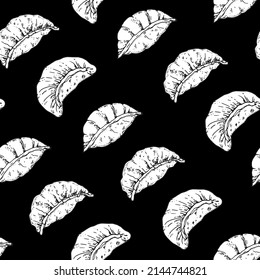 Gyoza or dumplings seamless pattern. Hand drawn vector illustration. Food sketch background.