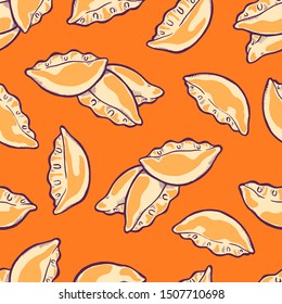 Gyoza. Fried asian dumplings. . Traditional japanese and chinese fast food. Bento lunch. Vintage retro style. Seamless background with pattern. 