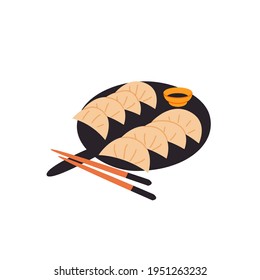 Gyoza Japanese national dish isolated vector illustration. Asian dumplings with soy sauce and chopsticks, traditional food design element. 