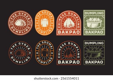 gyoza, jiaozi, shumai, bakpao chinese dumpling dim sum and steamer basket retro badge logo design collection for food, snack, restaurant, cafe mascots and merchandise 