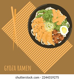 Gyoza ramen soup with chopsticks on bamboo placemat poster. Asian food with noodles, gyoza dumplings, menma, egg, pea pods, radish sprouts. Chinese japanese korean cuisine popular dish. Vector