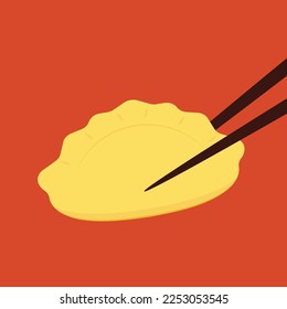 Gyoza vector. Hot dumplings and chopsticks on red background. Steamed dim sum or bun illustration for restaurant logo. Asian food icon for Japanese.