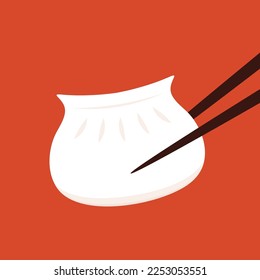 Gyoza vector. Hot dumplings and chopsticks on red background. Steamed dim sum or bun illustration for restaurant logo. Asian food icon for Japanese.