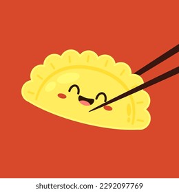 Gyoza vector. Hot dumplings and chopsticks on red background. Steamed dim sum or bun illustration for restaurant logo. Asian food icon for Japanese.