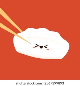 Gyoza vector. Hot dumplings and chopsticks on red background. Steamed dim sum or bun illustration for restaurant logo. Asian food icon for Japanese.