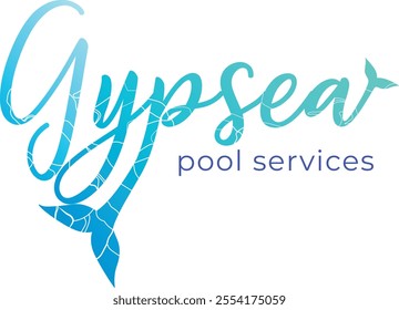 Gypsea logo with handwritten font and fish tail. Water color gradients in words. Gypsea pool services logo. aquatic activity for chat holidays. Dolphin fish holiday hotel logo art