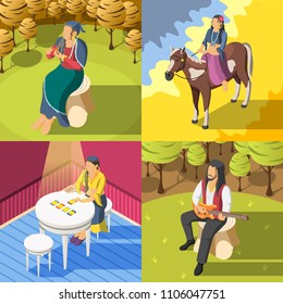 Gypsies 2x2 design concept with female fortune teller guessing on playing cards and guy playing guitar isometric vector illustration